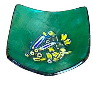 Murano Curved Glass Green Coin Tray With Blue Edges and Patterned Bottom